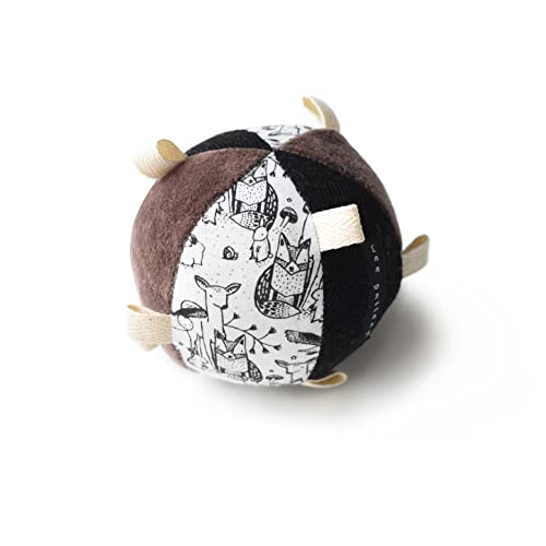 Image of Wee Gallery Taggy Ball with Rattle, Soft Sensory Baby Toy, Sensory Ball with Organic Cotton Fabric, Little Tags & Gentle Rattle for Tummy Time, Grasping & Developmental Play, Woodland