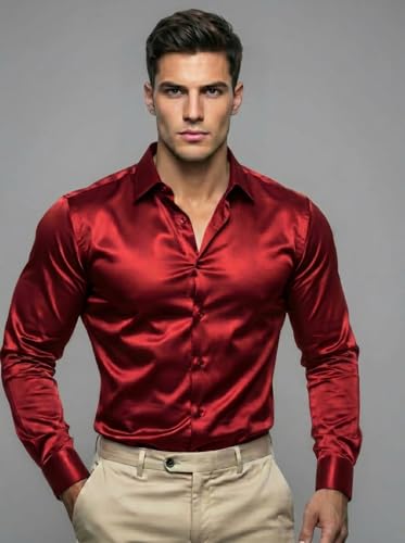 Image of Diverse Men's Satin Casual Shirt | Premium Solid Poly Satin | Wrinkle-Free, Full Sleeve Regular Fit Office, Business Wear