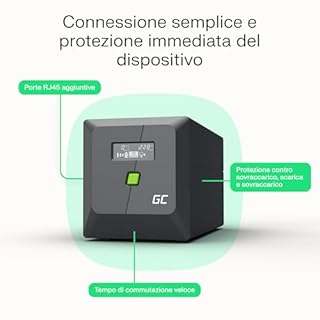 Green Cell PowerProof Gruppo di continuità UPS 850VA/480W con display LCD, onda sinusoidale modificata, batteria 12V 9Ah, protezione sovratensioni, backup energia, USB/RJ45, 2 prese Schuko