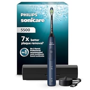 Philips Sonicare 5500 elektrische Zahnbürste, Schallzahnbürste mit 2 Putzmodi, Andruckkontrolle, EasyStart, SmarTimer und BrushPacer, Navy, Modell HX7113/01 [Neue Technologie]