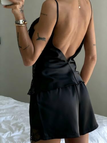 Image of Women Lace Trim Coquette Shorts Set Silk Satin 2Pcs Pajama Set Sleepwear