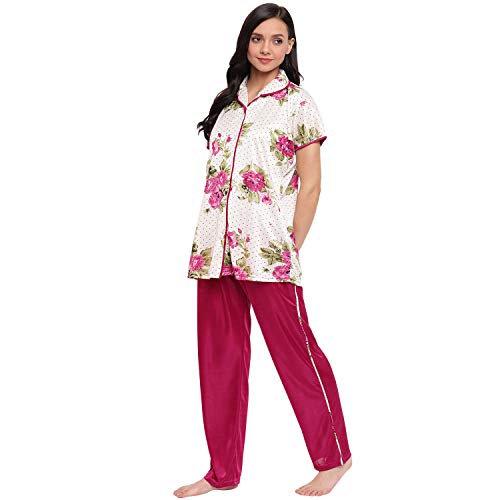 Image of Printed Night Suit for Women - Flower Print Satin Shirt and Pyjama Set (Front Open Collar Night Suit)