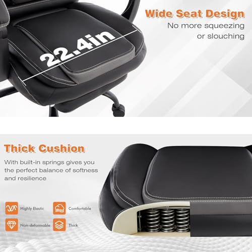 Image of Reclining Ergonomic Office Chair with Footrest, Big Tall Recliner Office Desk Chairs with Lumbar Support, 400lbs Heavy Duty High Back Leather Executive Computer Chair with Wheels, Back Grey