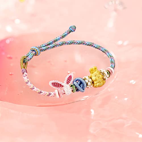 24K Solid Gold Bracelets Real Pure Gold Ball Rabbit Braided Bracelet Flower Charm Bracelet Dainty Jewelry for Women Mother Lover Her Anniversary Birthday4