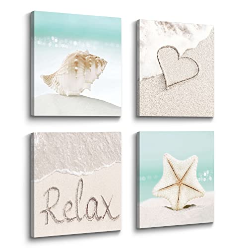 Coastal Seashell Picture Wall Art - Beach Themed Canvas Print Relaxing Seascape Artwork Contemporary Calming Seaside Starfish Conch Nature Photography Summer Blue Sea Ocean Scenery Painting For Bathroom Bedroom Office #TOP15