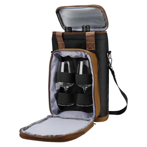 Rexmore Insulated Two Bottle Wine Tote Carrier, Tactical Cooler Bag with Secure Compartment & Adjustable Strap, Holds Glasses & Opener for Picnic, Beach, Travel & Parties - Gift for Wine Lovers