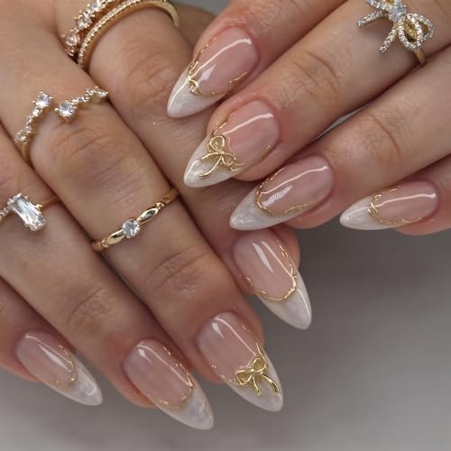 Image of Nakhi 24 Pcs Luxury Stiletto Press On Nails with Gold Bow Design