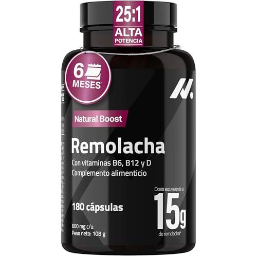 Remolacha Capsulas 25:1, Equivalente a 15.000 mg de Remolacha - Nitratos Naturales para Uso del Oxígeno - con Vitaminas B6, B12 y D, Energía sin Cafeína, Sin Gluten ni Lactosa – 180 Cápsulas veganas