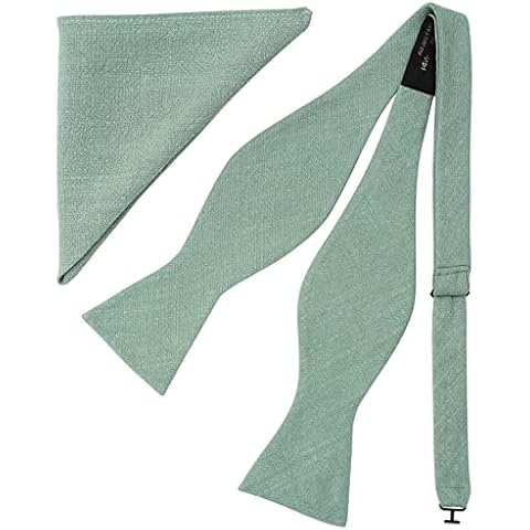 BELLUNO Dusty Sage Bow Tie and Pocket Square for Men Tuexdo, Self-Tied Cotton Linen Bow Tie Set Cover