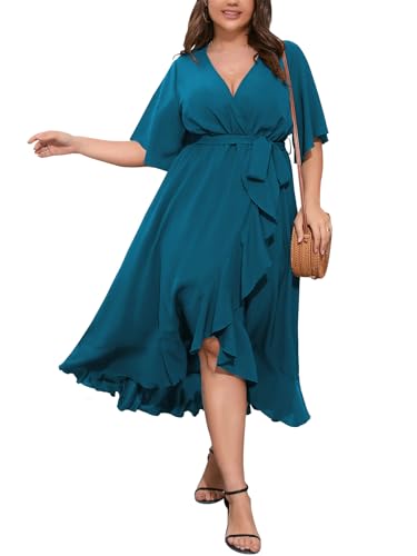 Image of SCOMCHIC Women Plus Size Maxi Dress Short Sleeve Wrap V Neck High Low Split Ruffle Long Dress