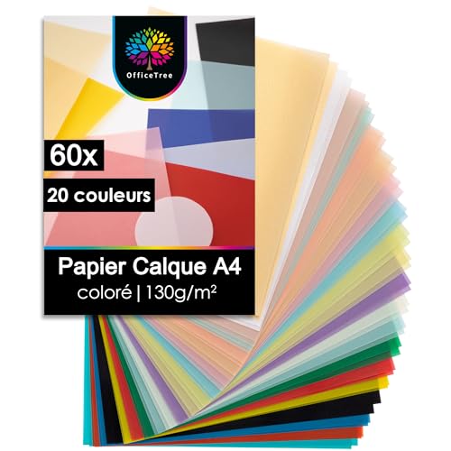 OfficeTree 60x Papier Calque Couleur A4 130g/m² - 20 Couleurs différentes - Extra Fort et Imprimable - Feuille Decalque - Papier Vitrail Couleur Transparent...