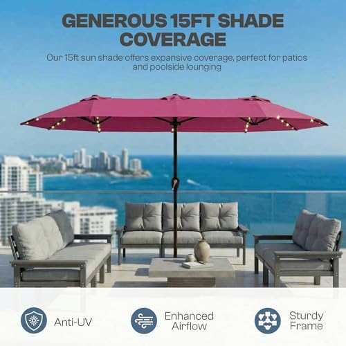 Patio Kingdom 15FT Patio Umbrella with Solar Lights, Double-Sided Extra Large Outdoor Table Umbrella with Base Included, Heavy-Duty 12 Iron Ribs Market Umbrella for Garden, Pool, Backyard, Rose Pink by Patio Kingdom - Used condition - Image 5