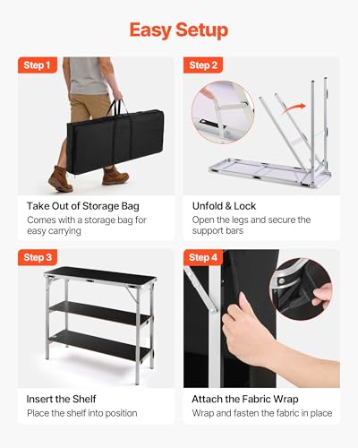 Image of VEVOR Folding Portable Bar Table, 43.3 x 15.2 x 34.8 in, with Carry Bag, 2 Storage Shelves, and Detachable Skirt, Quick and Easy Setup, Foldable Mobile Bartending Station for Events, Party, Tradeshow