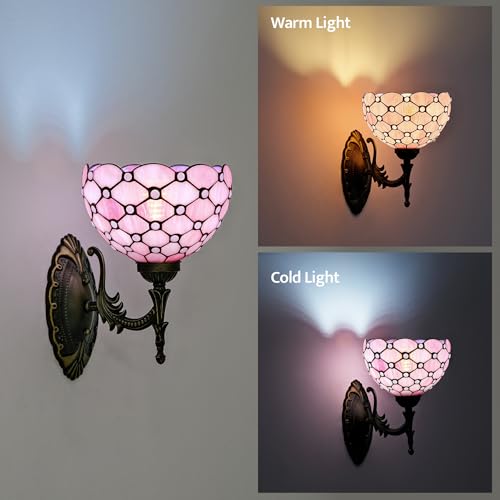 Image of Tiffany Wall Sconce Hand-Weld Stained Glass Bedside Lamp with Classic 8 Inches Lampshade for Bedroom Hallway Living Room Home Office (Pink)