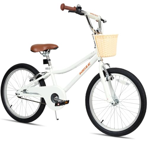 WEIZE Girls Bike for 6-12 Years Old, 20 Inch Kids Bike with Basket and Kickstand, Retro Style Childrens Bicycle for Teen Girls, Lightweight Steel Frame,White