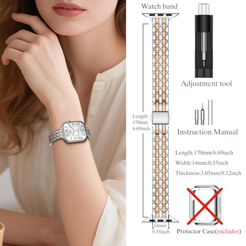 Image of Slim Metal Bands for Apple Watch 38mm 40mm 41mm 42mm(Series 11 /10) | Thin Shiny Stainless Steel Strap Bands for Women, Fit iWatch Series 11 10 9 8 7 6 5 4 3 2 1 SE3 SE2 SE, Silver /Rose Gold