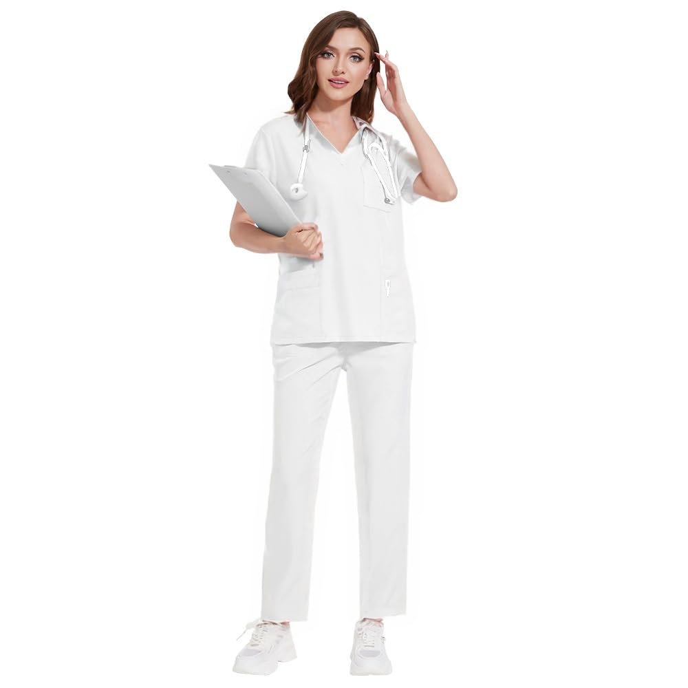 Set di uniformi mediche da donna, con scollo a V, maniche corte, pantaloni a gamba dritta, 8 tasche, elastico con coulisse, traspirante, DK77