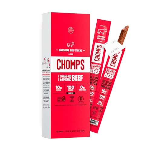 Chomps Grass-Fed and Finished Original Beef Jerky Snack Sticks 10-Pack - Keto, Paleo, Whole30, 10g...