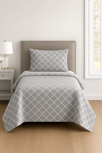 Image of DECOR2ADMIRE 300 TC Premium Glace Cotton Solid Lines Pastel Shades Bedsheet for Single Bed with 1 Pillow Cover for Home (Solid-Box Grey, Single 60 inch x 90 inch)