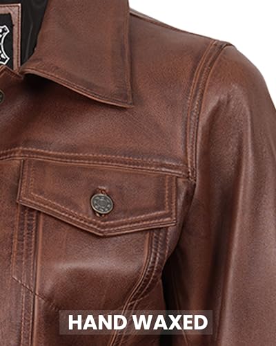 Image of Decrum Trucker Leather Jacket Women - Button Closure Vintage Style Real Lambskin Womens Leather Jacket