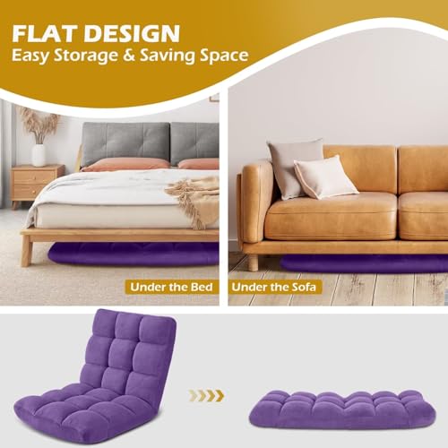 Image of Floor Folding Gaming Sofa Chair Lounger Folding Adjustable 14-Position Sleeper Bed Couch Recliner, Purple