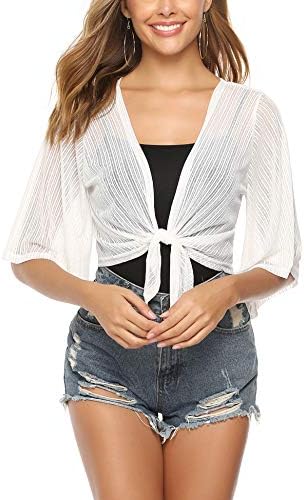 iClosam Women Sheer Shrug Tie Front Short Sleeve Cropped Bolero Shrug Cardigan