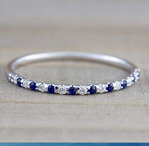 Yaya Women's 2mm 925Silver Blue Sapphire and White CZ Wedding Band Cubic Zirconia Half Eternity Stackable Engagement Anniversary Birthstone Ring Size 6 7 8 9 10
