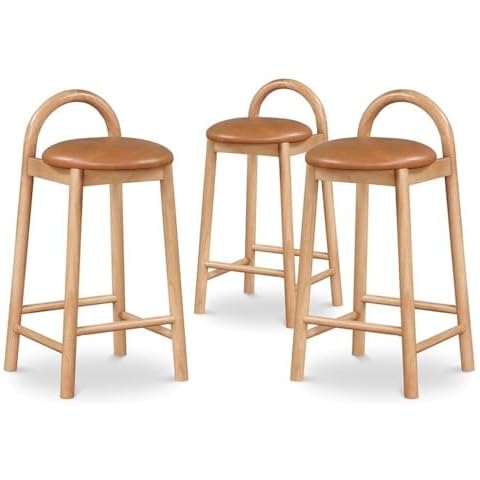 MAKLAINE Contemporary Cognac Vegan Leather Solid Wood Frame Stool (Set of 3) Cover