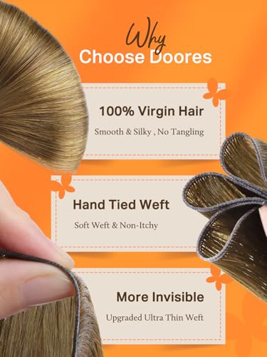 Image of DOORES Genius Sew in Weft Hair Extensions Human Hair Hand Tied, 14 Inch Medium Brown Highlighted Dirty Blonde 40g, Extensions Real Full Head