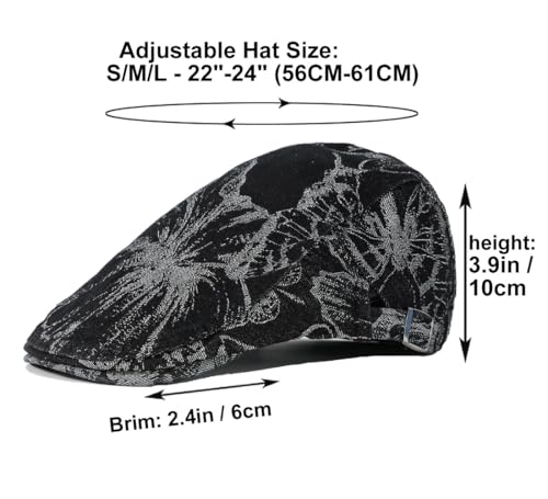 Image of Quanhaigou Men's Cotton Flat Ivy Gatsby Newsboy Driving Hat Adjustable Irish Cabbie Ivy Driving Hunting Cap (Floral Black)