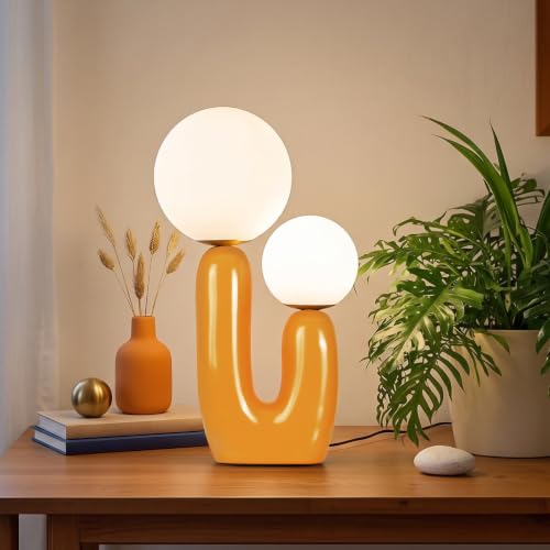 WALMHEIM 17.7" Large Modern Resin Frosted Glass Danish Cactus LED Table Lamp, 2-Light Dimmable Nightstand Bedside Lamps with Bulbs for Living Room, Office, Kids Room, Bedroom Decor - Orange Dimmable