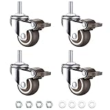 Mini Caster Wheels 1 inch Threaded Stem Casters with Brake and Screws Stem M6 x 15mm, Ball Bearing Silent TPE Rubber Low Profile Caster Wheels for Furniture Rolling Trolley Small Shopping Cart 4 Pack