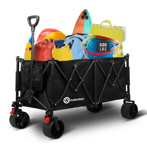 FUNHORUN Collapsible Wagon Carts, Heavy Duty Foldable Beach Wagon with All-Terrain Detachable Big Wheels, Brake and Drink Holders for Camping, Shopping, Garden, Sports, Load up to 330LBS/260L, Black