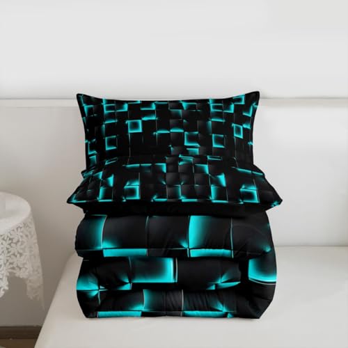 Image of Erosebridal Neon Black Teal Boys Comforter Set Full Geometric Checkered Turquoise Bedding Set for Kids Teen Men Gaming Room Decor,Abstract Ombre Plaid Comforter Grids Quilt Duvet