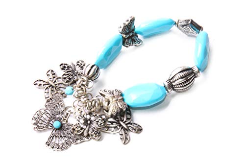 Elastische Retro Armband w Grote Ovale Blauwe Kralen & Vintage Zilveren Kleur Ornamenten Vlinders & Loops Dames Retro Sieraden Voor De meeste gelegenheden (T626)