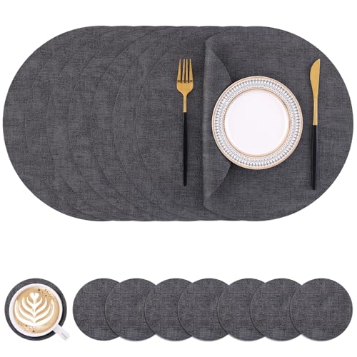 Homaxy Round Faux Leather Placemats and Coasters, Washable Dual-Side Table Mats, Wipeable Heat-Resistant Dining Place Mats for Outdoor and Indoor, Set of 8, Diameter 13 and 3.93 inch, Dark Grey by Homaxy - Used condition - US$21.14