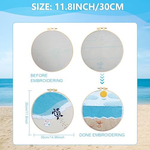 Image of 4 Set Ocean Embroidery Kit for Beginners Adults Embroidery Starter Kit Ocean Beach Pattern Spring Summer Hand Crewel Embroidery Kit Cross Stitch Kit Include Instruction 2 Hoops Color Threads Needles