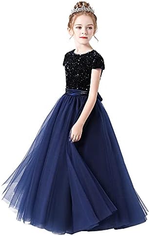 Little Girl Party Dress Wedding Navy Bridesmaid Sequins Tulle Puffy Skirt Girls Birthday Party Pageant Gown Floor Length Navy 14