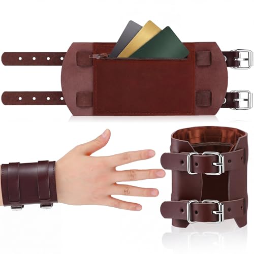 Shinylin Leather Wrist Wallet for Men Cuff Wristband Handmade Hidden Pocket with Secret Zipper for Cash Adjustable Safe Wallet Full Grain Leather for Travelers Bourbon Brown