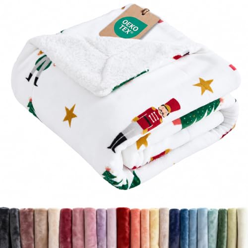 CGK Christmas Sherpa Blanket Queen Size, Reversible - Nutcracker, 90x90