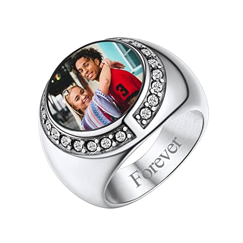 FindChic Customized Signet Photo Rings Square/Heart/Round Chunky Band Ring Stainless Steel/18K Gold Plated/Black Size 7 to 14 Personalized Jewelry for Men Women, Send Gift Box 02. round (sta