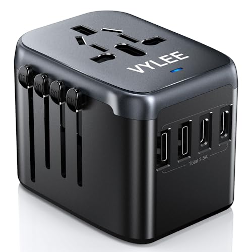 Universal Travel Adapter, VYLEE 5 in 1 International Power Adapter, 3.5A 2xUSB-A and 2xUSB C Wall Charger, Worldwide Travel Essentials Plug for Europe USA UK AUS Asia (Black Grey)