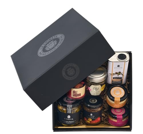 La Chinata Cesta Gourmet M Sabor Extremeño | AOVE 250 ml, Pate Ibérico con Cerezas, Queso Crema Torta, Pimenton Dulce, Miel de Flores, Aceitunas al Pimentón y Crema de Tomate y Aceituna | Caja Regalo