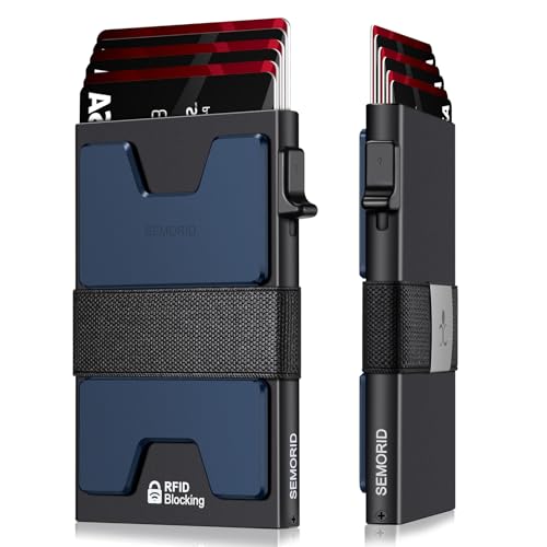 Image of SEMORID Slim Aluminum Card Holder Wallet for Men, Durable Expandable Backplate, RFID Blocking Minimalist Metal Pop Up Wallet, Holds 12+ Cards Plus Cash