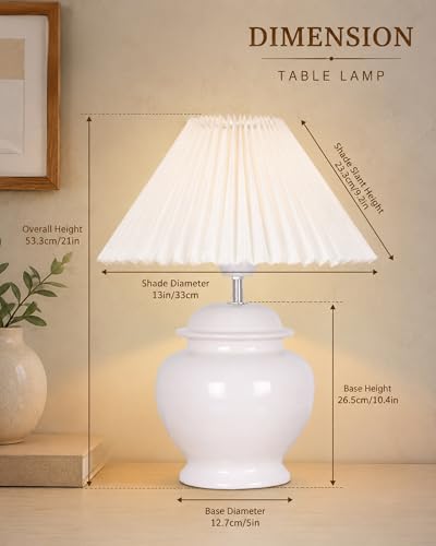 Image of Homesake Ceramic Table Lamp for Bedroom Living Room,Incandescent,Modern Pleated Lampshade Bedside Light,Nightstand for Home Office,Minimalist Nordic Style Accent Lighting Decor,White Pleated Shade