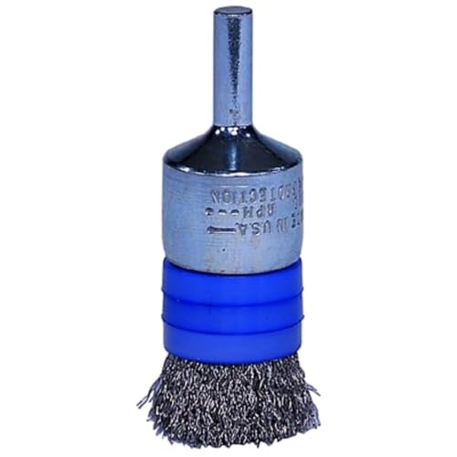Image of Weiler 11112 0.006 inch Wire Size, 302 Stainless Steel Bristles, Banded, Solid End, Stem-Mounted Crimped Wire End Brush, Made in the USA