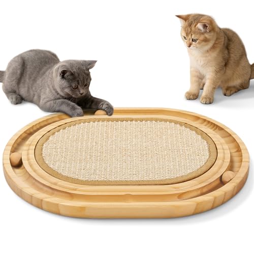 Gimars Interaktives Sisal Kratzbrett Katzen Oval, Holz-Kugelbahn mit 3 Rollbällen, rutschfeste Sisal Kratzmatte & Interaktives Katzenspielzeug für Welpen & Kleine Katzen