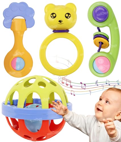 Image of Zest 4 Toyz Baby Rattles Set 6 Pcs 0-6 Months BPA Free Soft Rattling Sound | Fun Colours Non Toxic Toy for Babies | Multi-Colored with Tethers | New Born | Toy Gift Set (Made in India) Pack 4