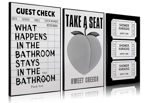 3Pcs Funny Bathroom Canvas Wall Art Humor Black and White