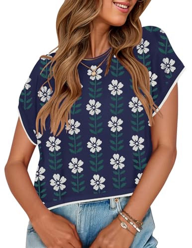 Image of ZESICA Women's Summer Trendy Knit Top 2026 Floral Print Short Sleeve Crewneck Loose Fit Sweater Vest Going Out Clothes